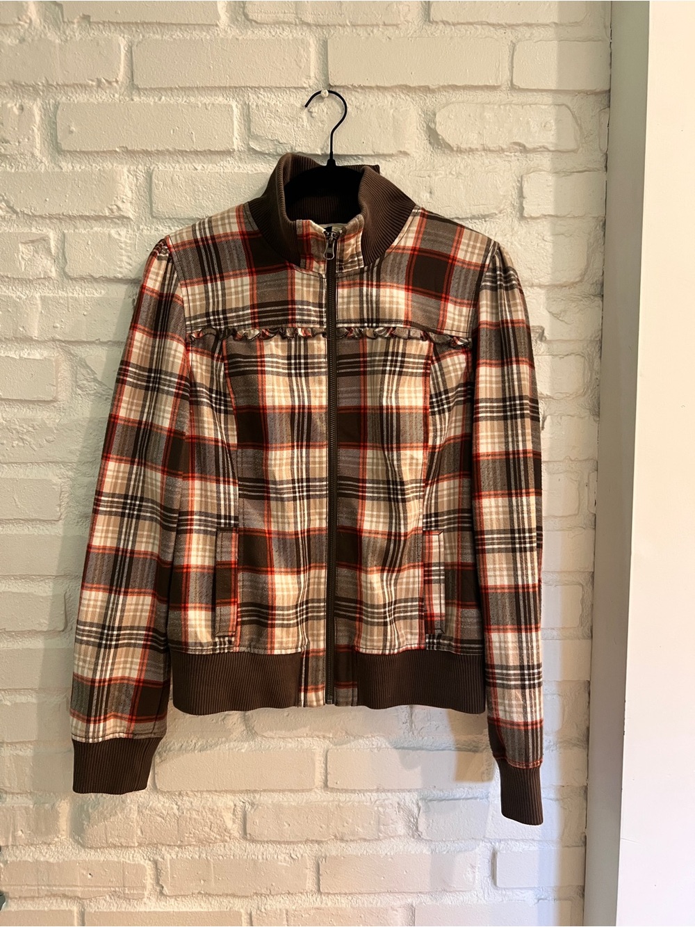 Rubbish Brown Plaid Zip Jacket with Red Accents